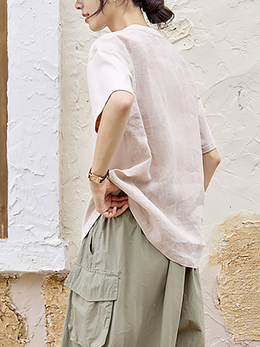 Women Summer Pure Color Cotton Linen Spliced Shirt