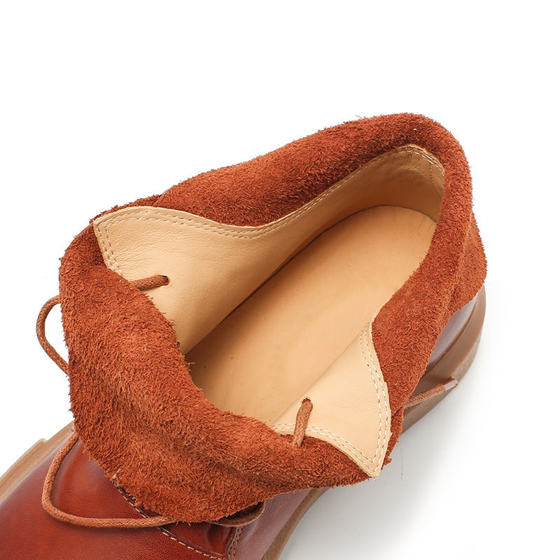Cowhide Leather Lace-Up Lightweight Short Fold Over Collar Boots Caramel Red/Brown/Black