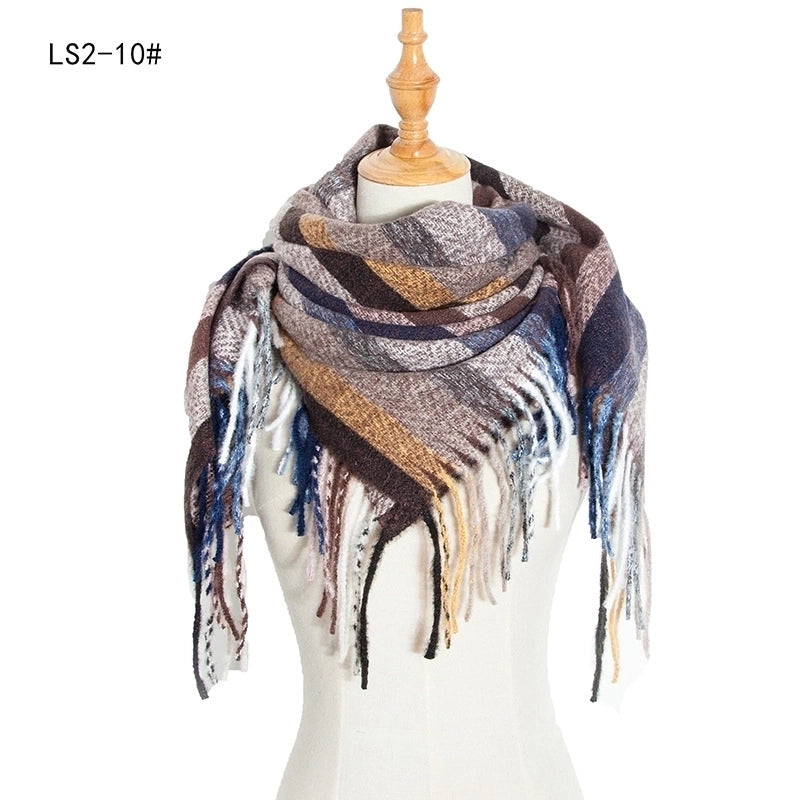 New Circle Yarn Stripe Plaid Polyester Long Tassel Bristle Square Scarf Female Men's Scarf Shawl