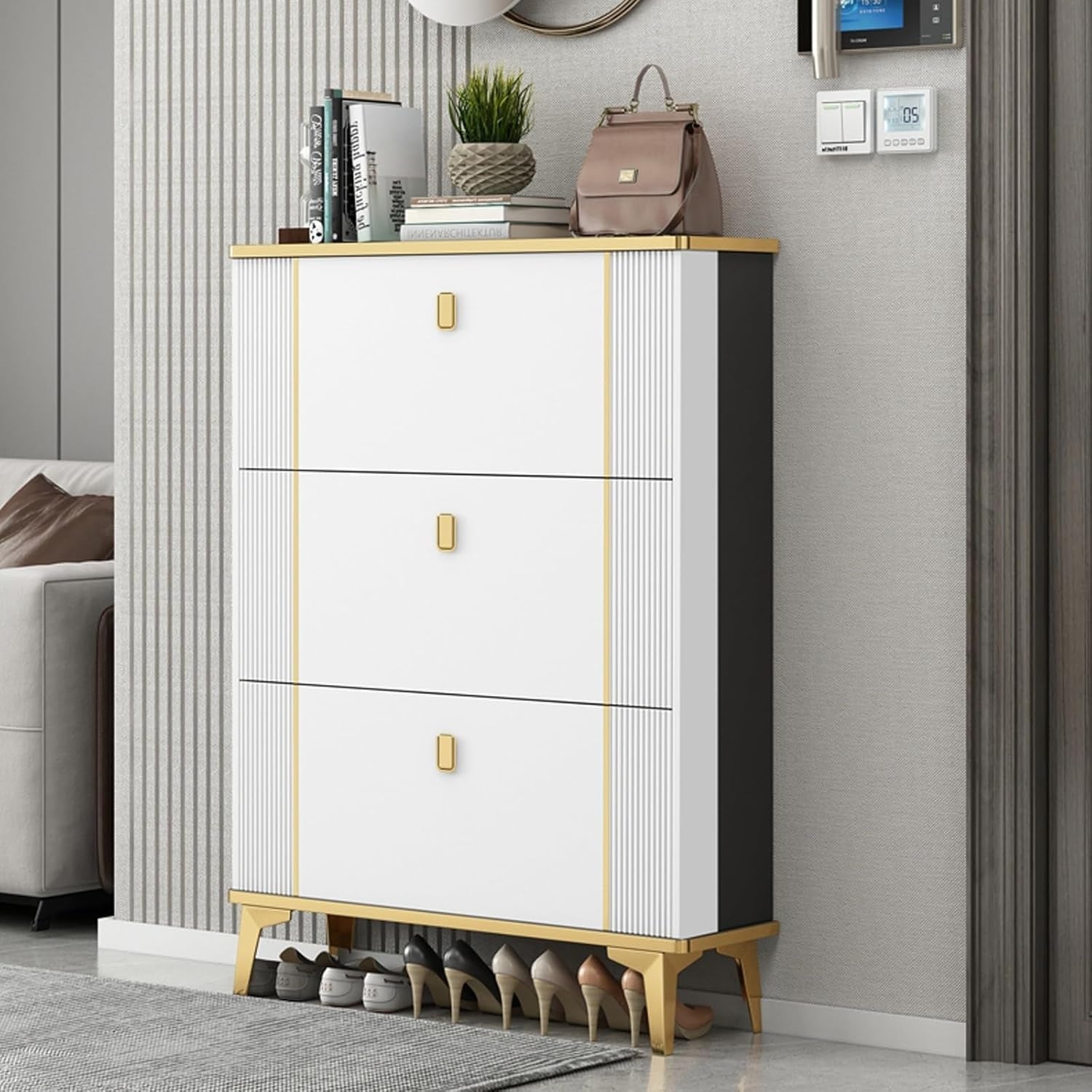 Tipping Shoe Cabinet. Shoe Rack Storage Cabinet For Entryway. With 3 Flip Drawers. Free Standing Shoe Rack
