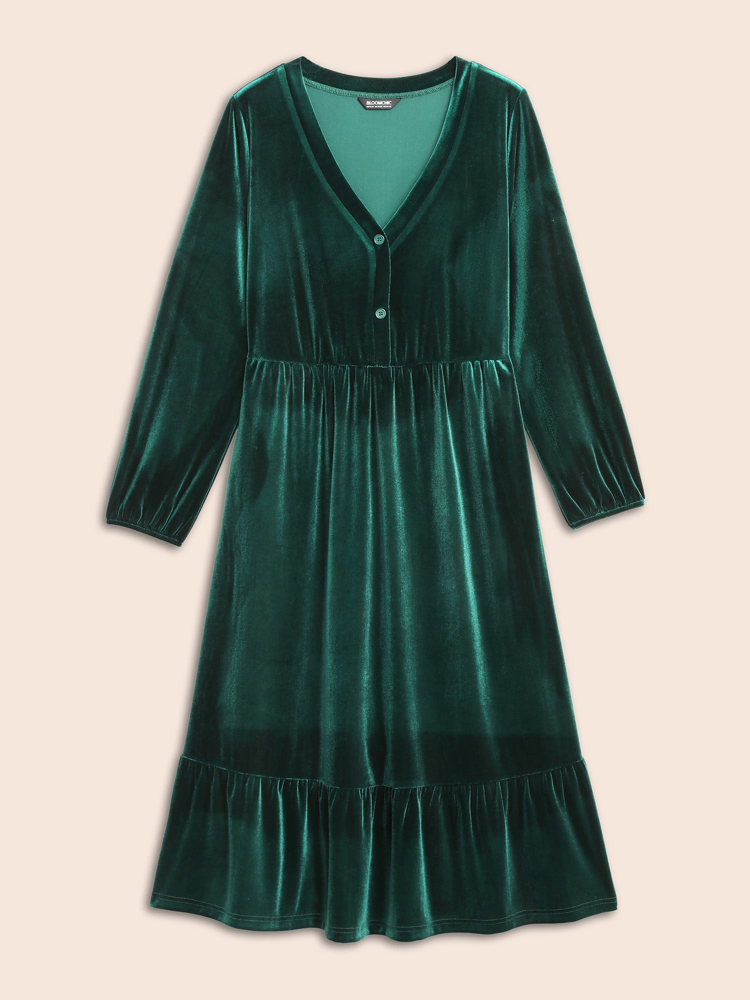 Velvet Front Button Pleated Midi Dress