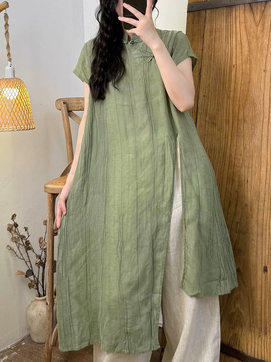 Women Summer Ethnic Pure Color High Split Ramie Robe Dress