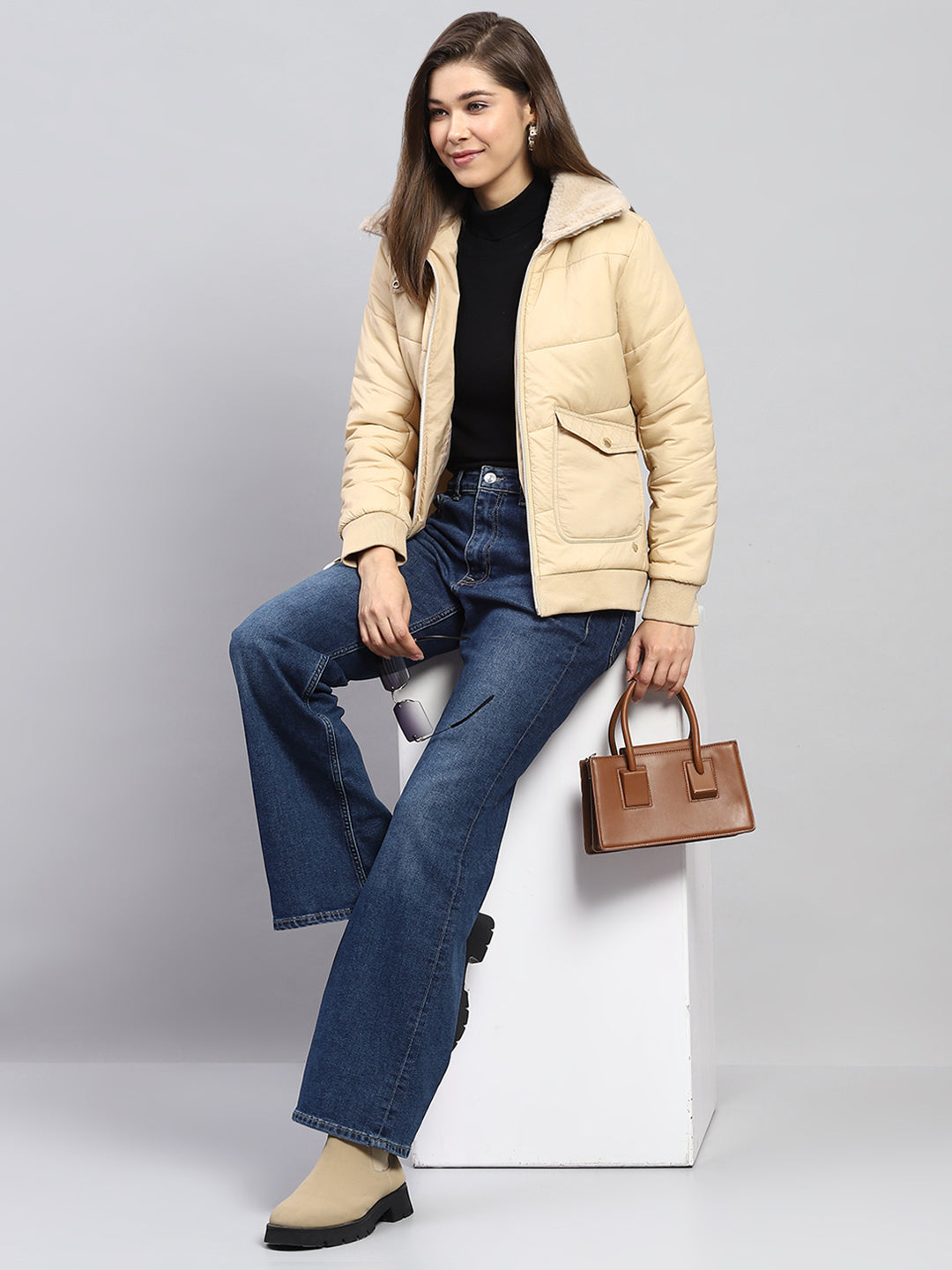 Women Beige Self Design Collar Full Sleeve Jacket