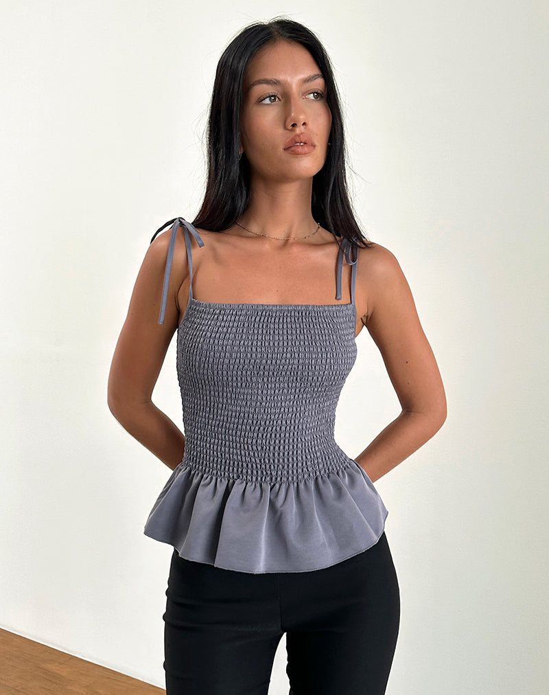 Seora Tie Shoulder Shirred Top in Grey