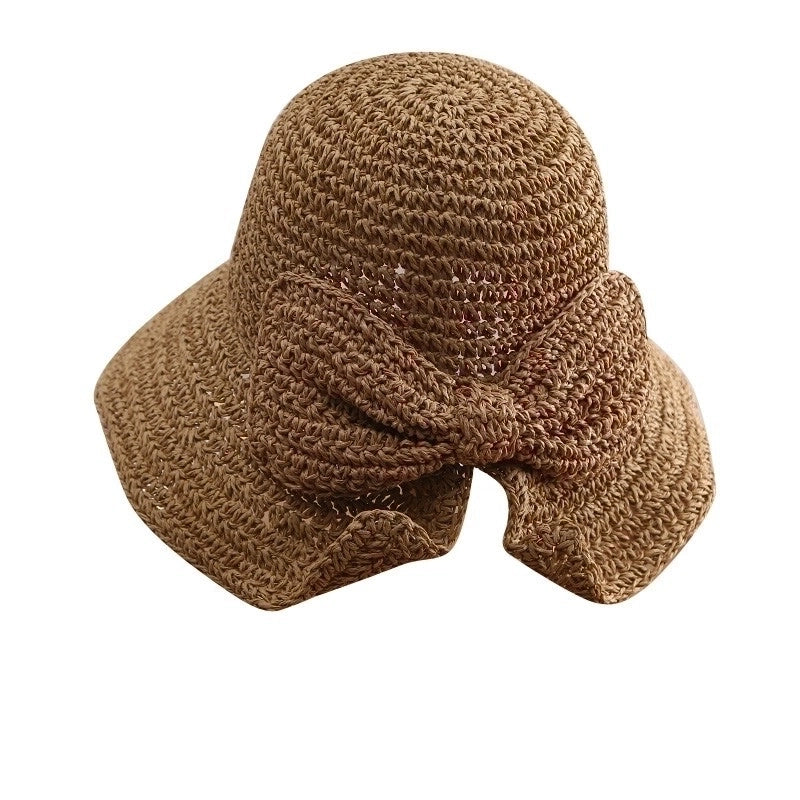Women's Pastoral Solid Color Bowknot Wide Eaves Straw Hat