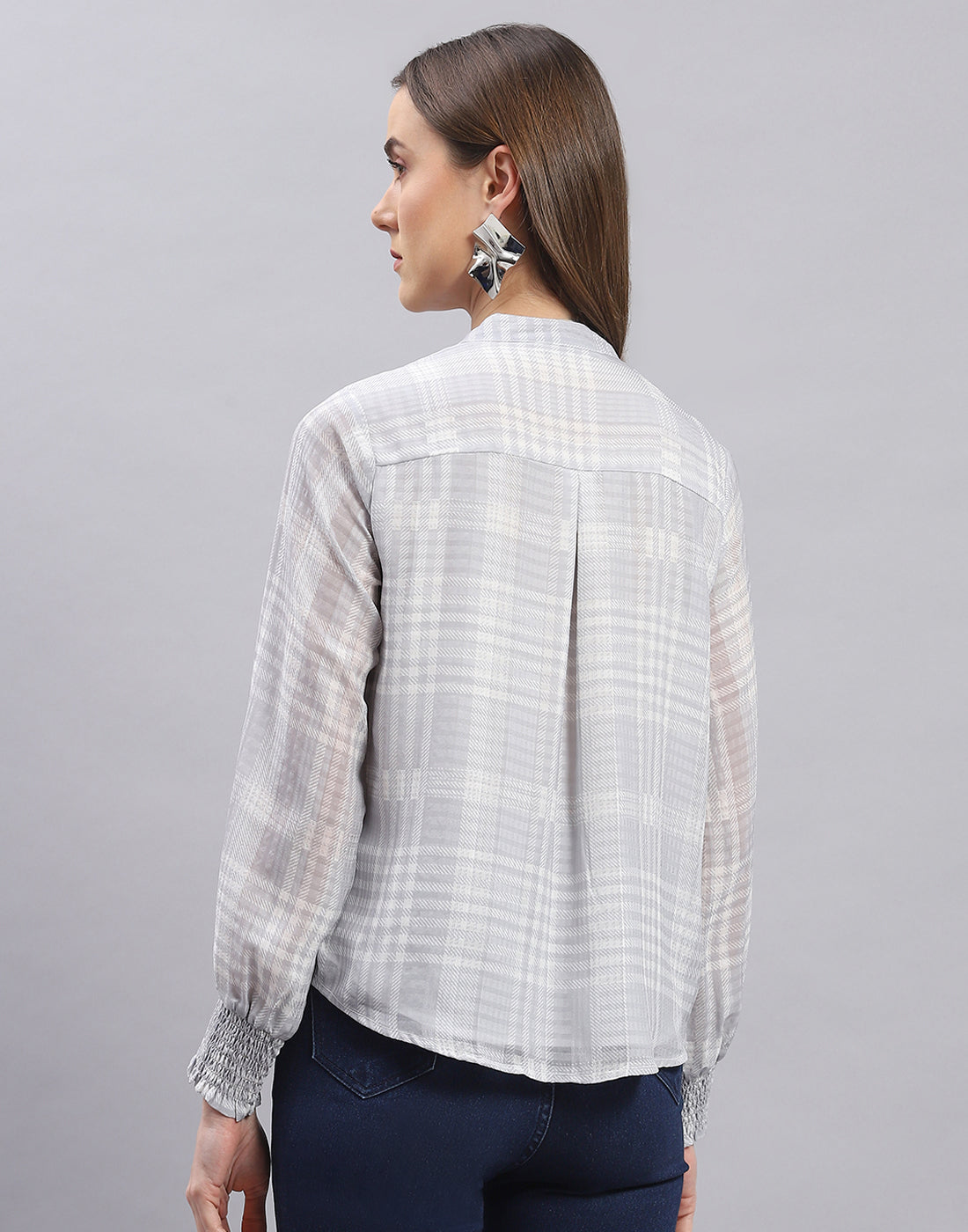 Women Grey Check Mandarin Collar Full Sleeve Top