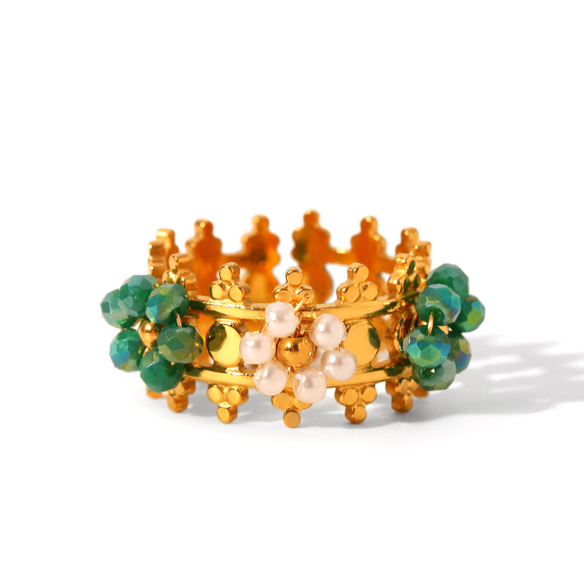 Retro Stainless Steel Crown Beaded Flower Ring Titanium Steel Ring Female Hand Jewelry
