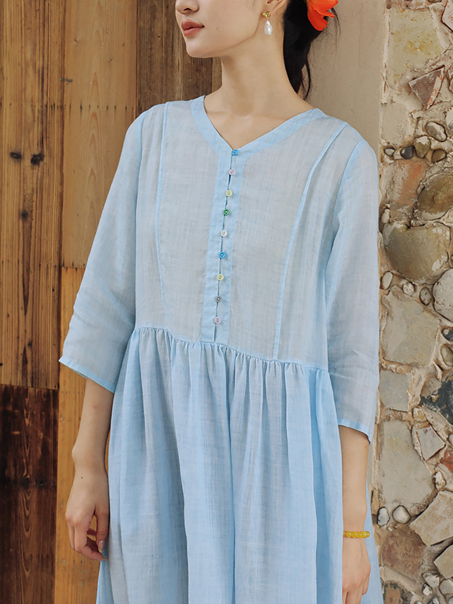 Women Summer Artsy Pure Color V-Neck Ramie Dress
