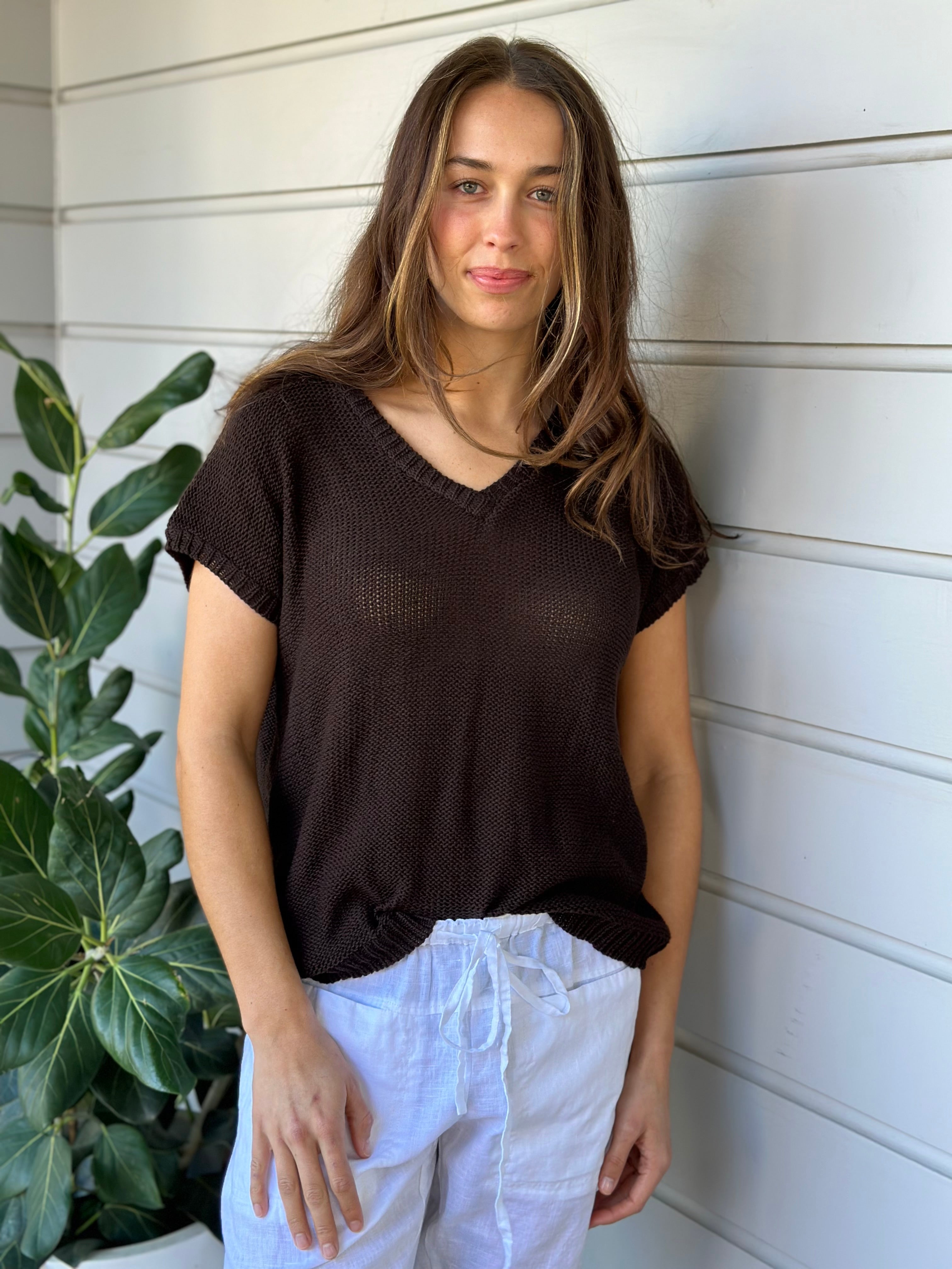 lara knit top - chocolate cotton