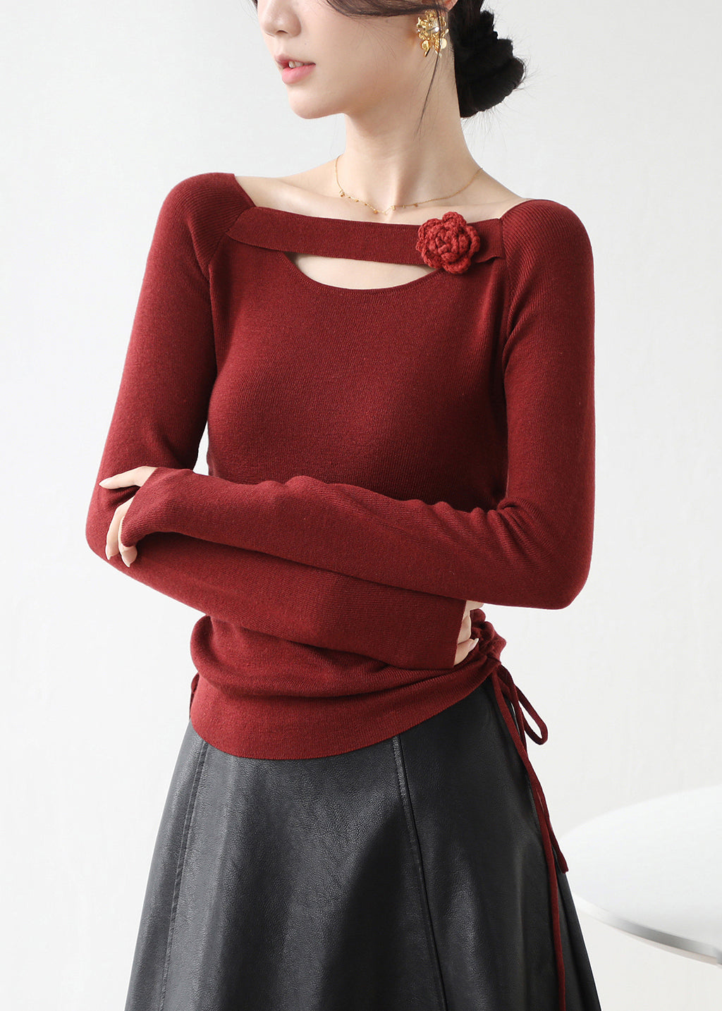 Classy Red Cinched Hollow Out Floral Knit Shirts Winter