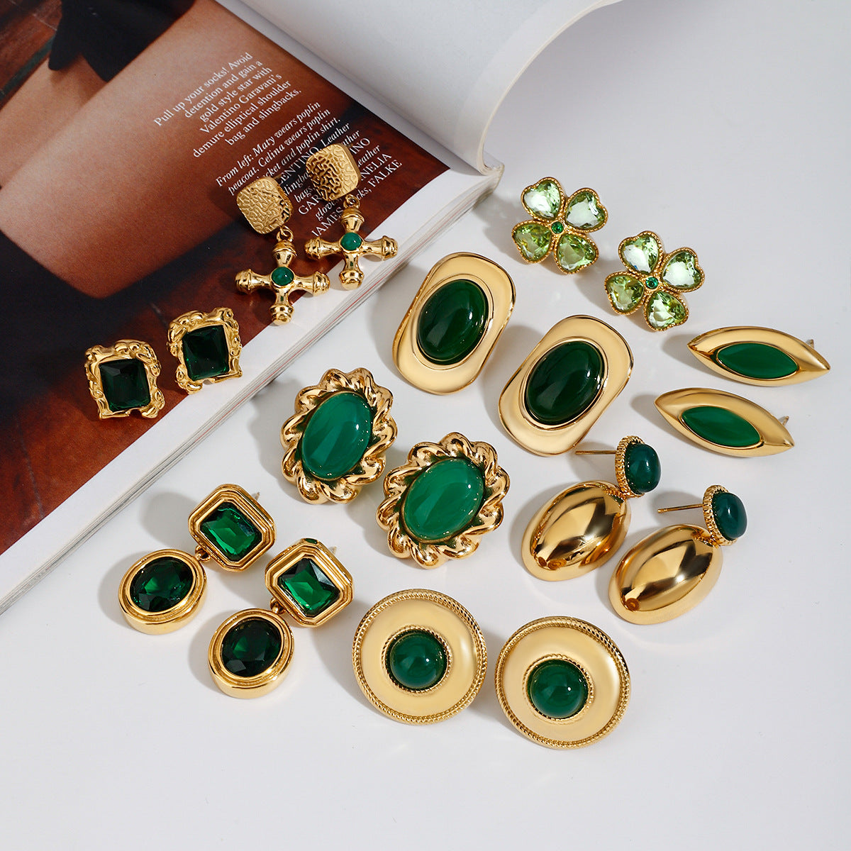 Jie Ding Stainless Steel Earrings Titanium Steel Earrings Green Agate Earrings