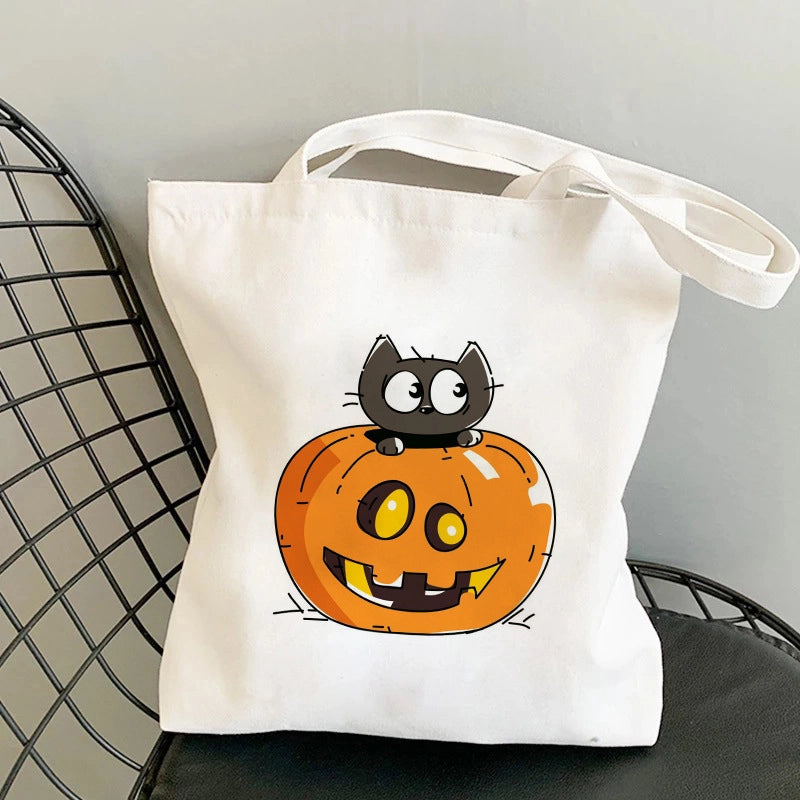 Halloween Unisex Canvas Animal Pumpkin Letter Streetwear Square Open Shoulder Bag Canvas Bag