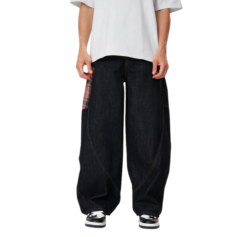 Plaid Pocket Barrel Jeans