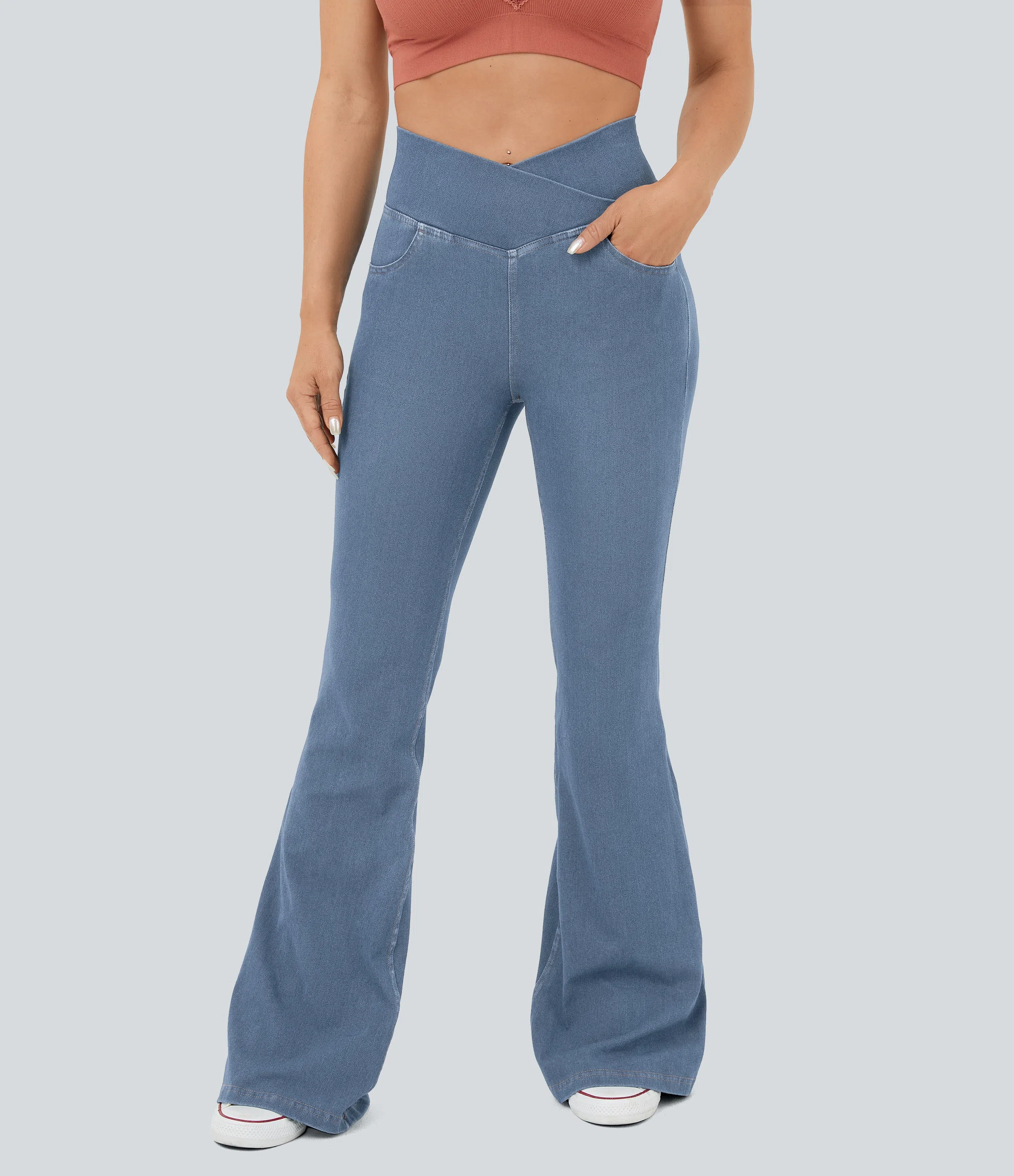 ⚡8 Packs for $25.95⚡- High Waisted Crossover Pocket Washed Stretchy Knit Casual Super Flare Jeans