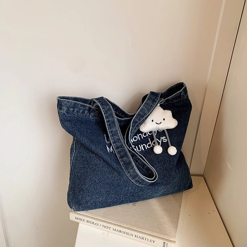 Women's Denim Letter Vintage Style Sewing Thread Square Magnetic Buckle Tote Bag