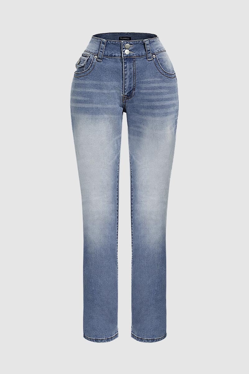 Final Sale!!⚡6 Packs for $24.86⚡ - Wash Double Button Flap Pocket Mid Waist Straight Leg Jeans