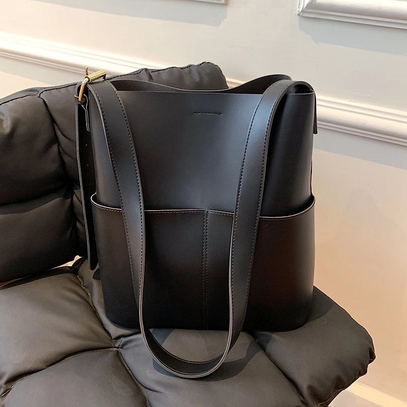 Women's Large Pu Leather Solid Color Basic Open Tote Bag