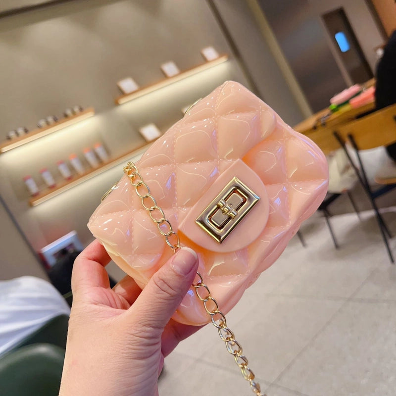 Women's Mini PVC Solid Color Lingge Cute Streetwear Square Flip Cover Lock Clasp Jelly Bag
