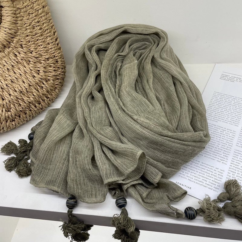 New High-end Ethnic Linen Wooden Beads Hanging Shawl Sunscreen Artistic Cotton And Linen Scarf Women