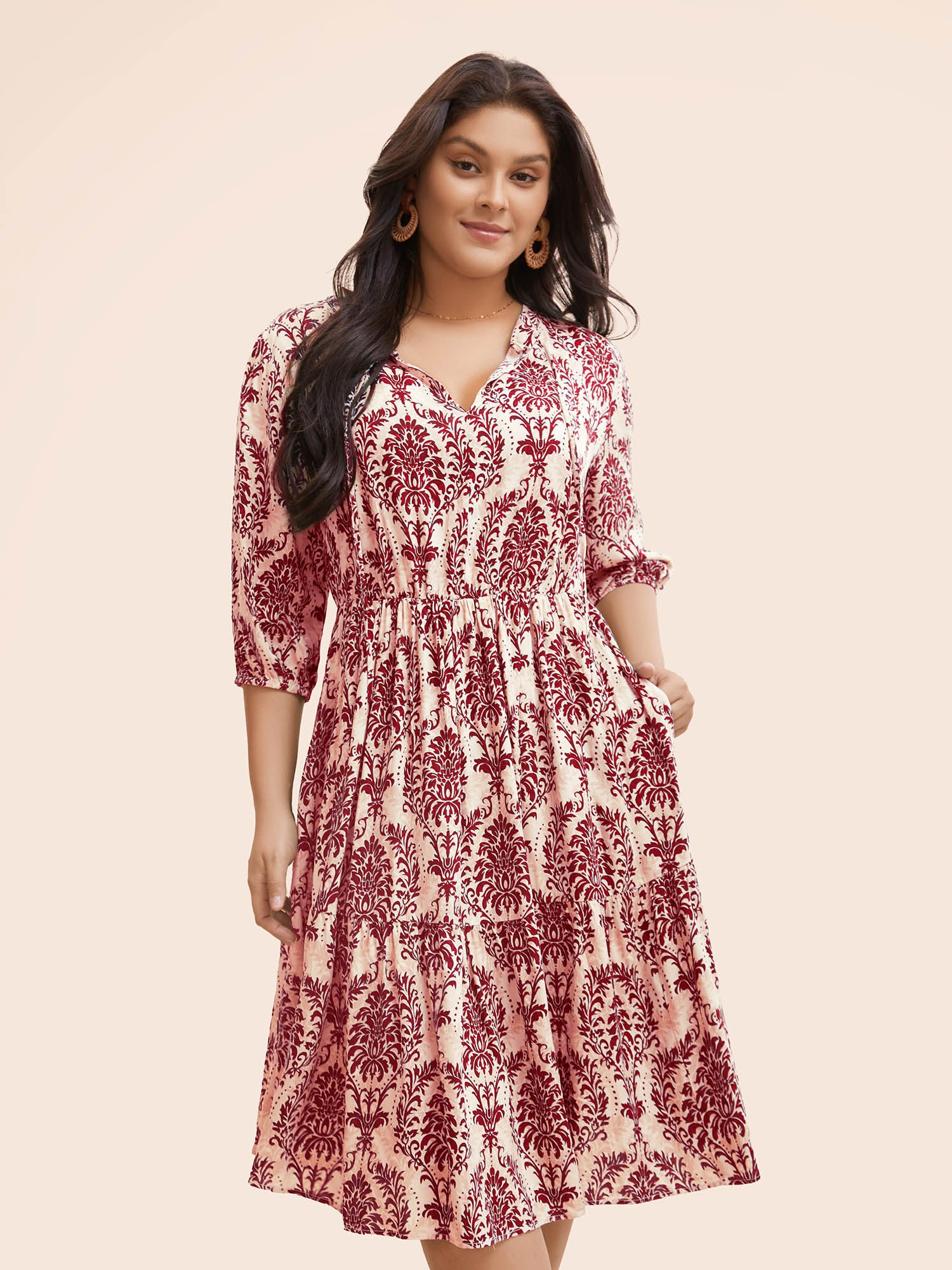 Boho Print Tie Knot Puff Sleeve Dress