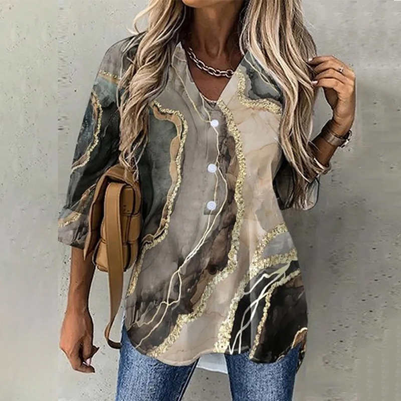 Golden Gray Marbled Ocean Wave Button Front Tunic Top