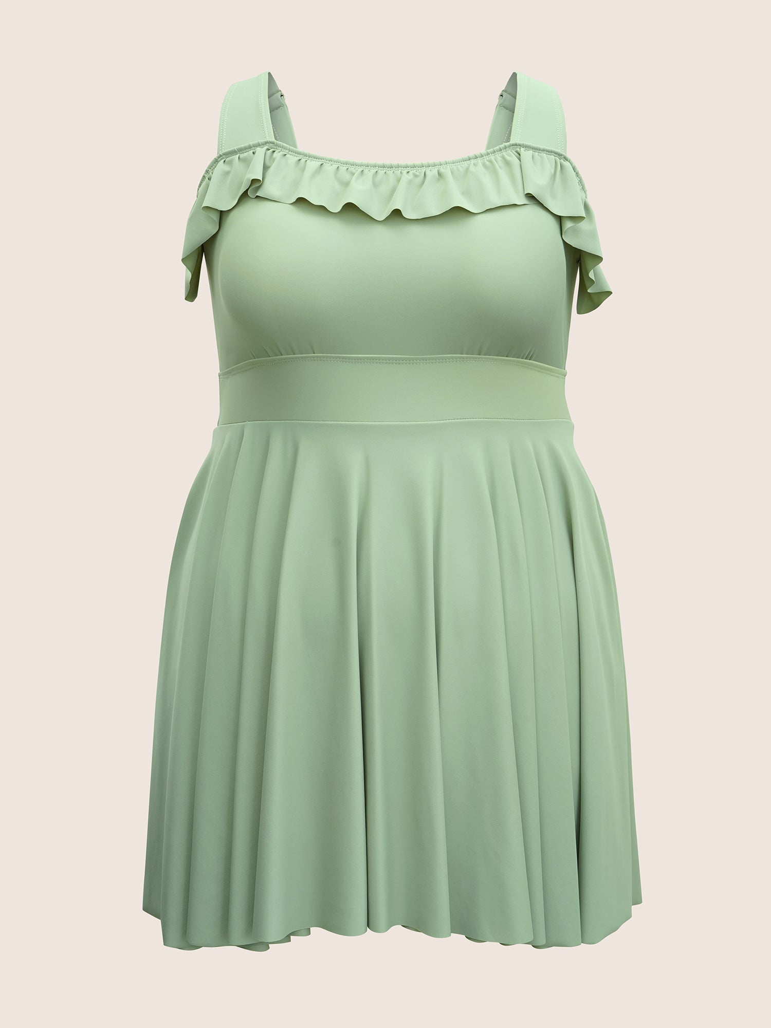 Solid Ruffles Gathered Adjustable Straps Swim Dress