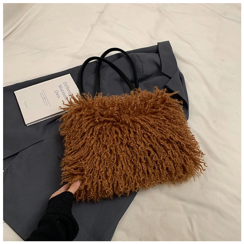 Women's Large Pu Leather Plush Solid Color Elegant Streetwear Square Magnetic Buckle Tote Bag