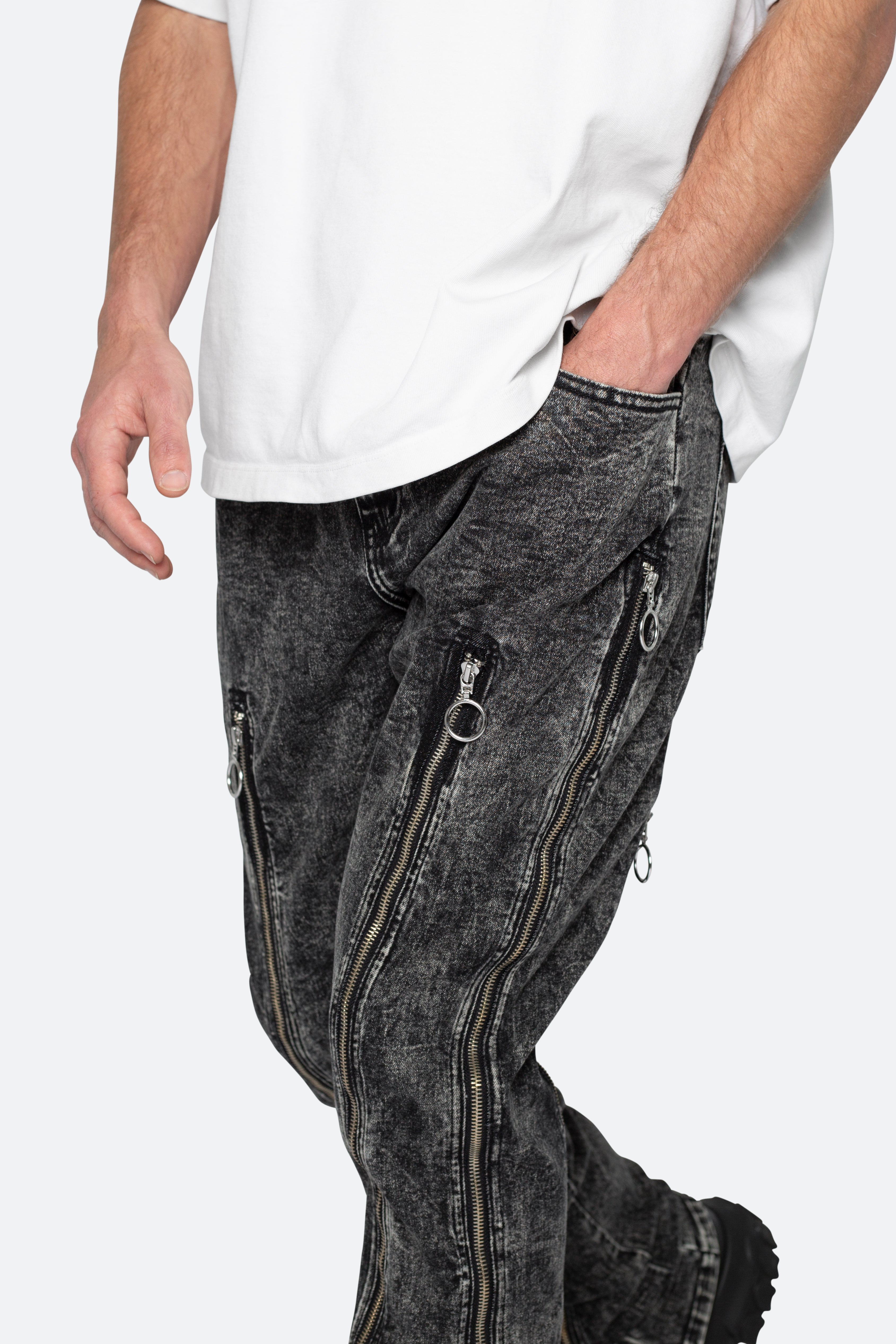 B571 Zipper Flare Pants - Washed Black