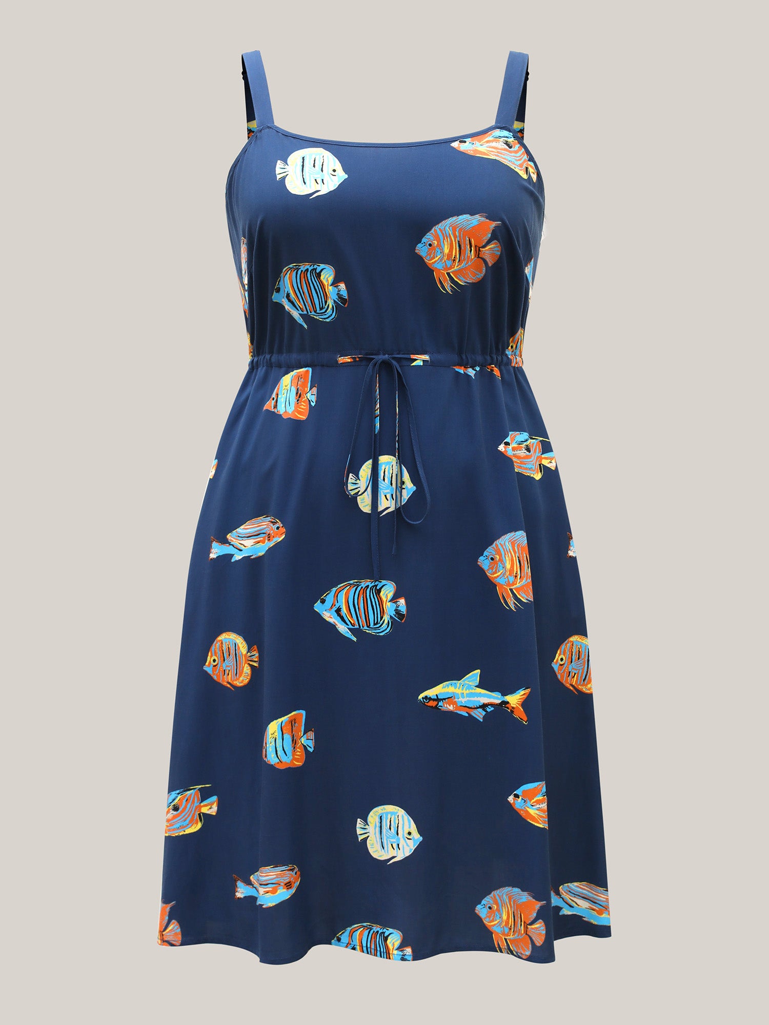 Fish Print Waist-Tie Cami Midi Dress