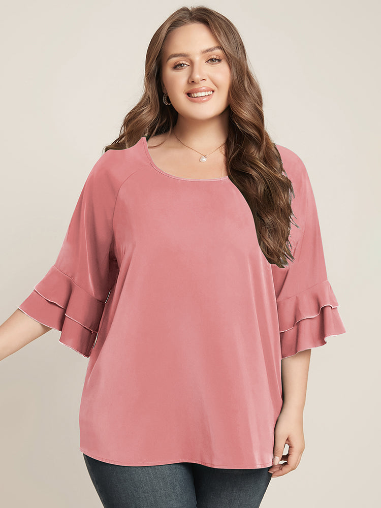 Plain Ruffle Tiered Round Neck Blouse