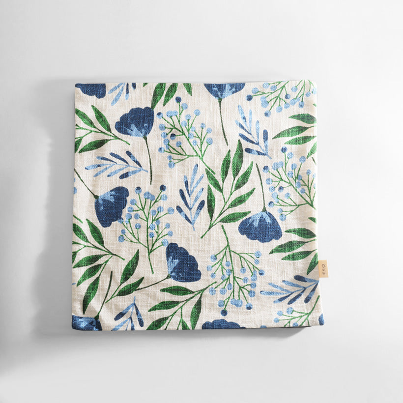 Crocus Printed Cotton Cushion Cover - Blue Green