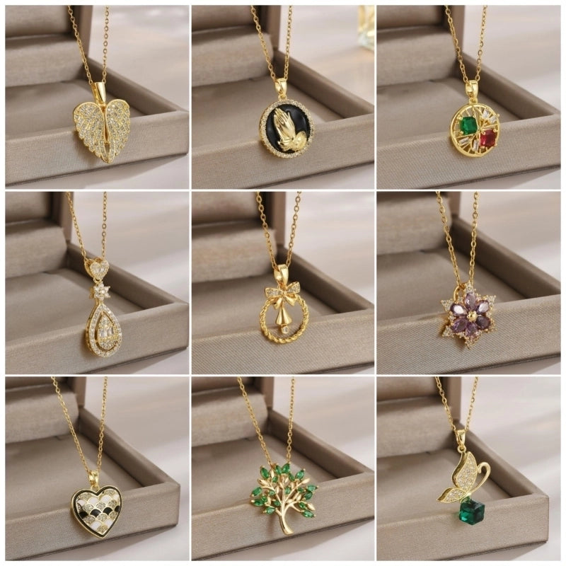 Elegant Minimalist Leaf Flower Bow Knot Titanium Steel Zircon Plating Pendant Necklace