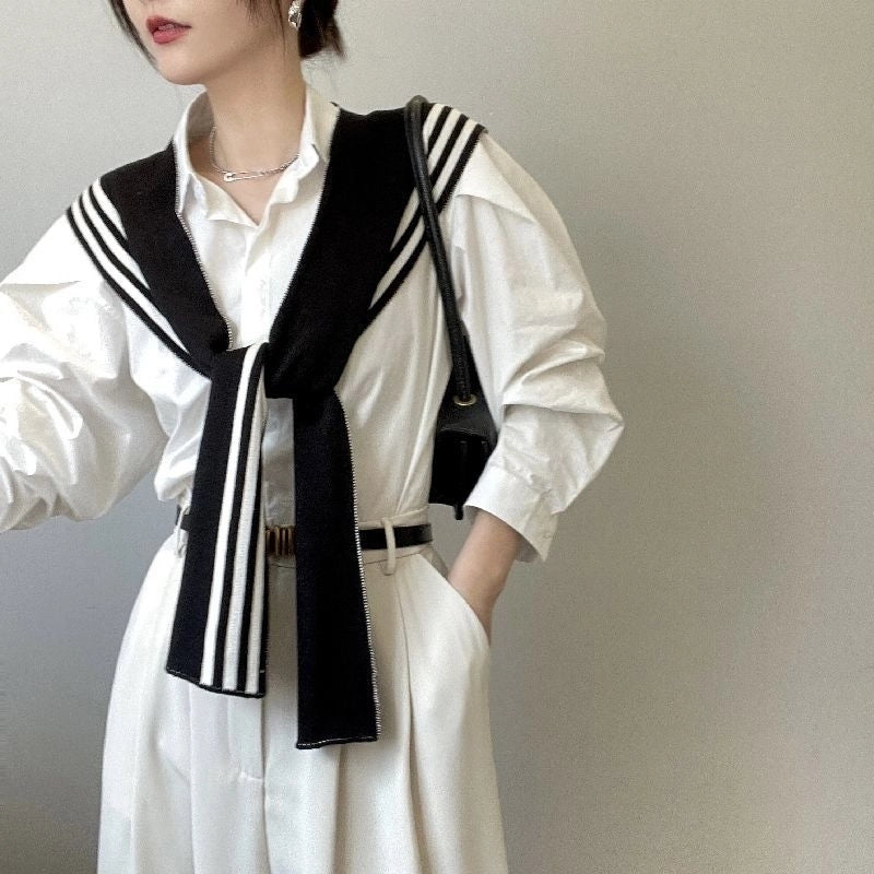 High-grade Internet-famous Small Shawl Women's Black And White Striped Outer Shirt Spring And Autumn Knitted Fake Collar Warm Shoulder For Air-conditioned Room