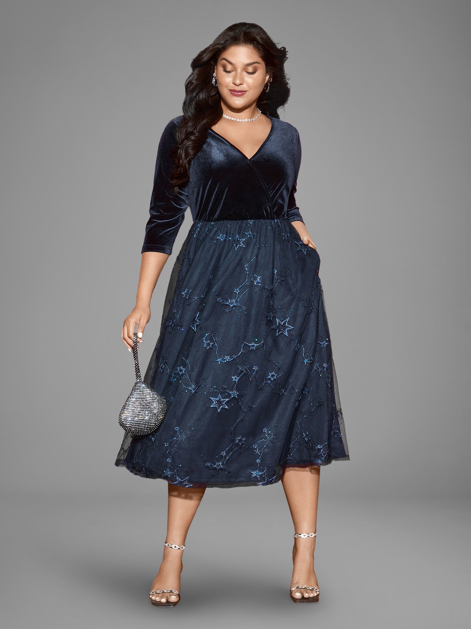 Velvet Star Mesh Surplice Neckline Midi Dress