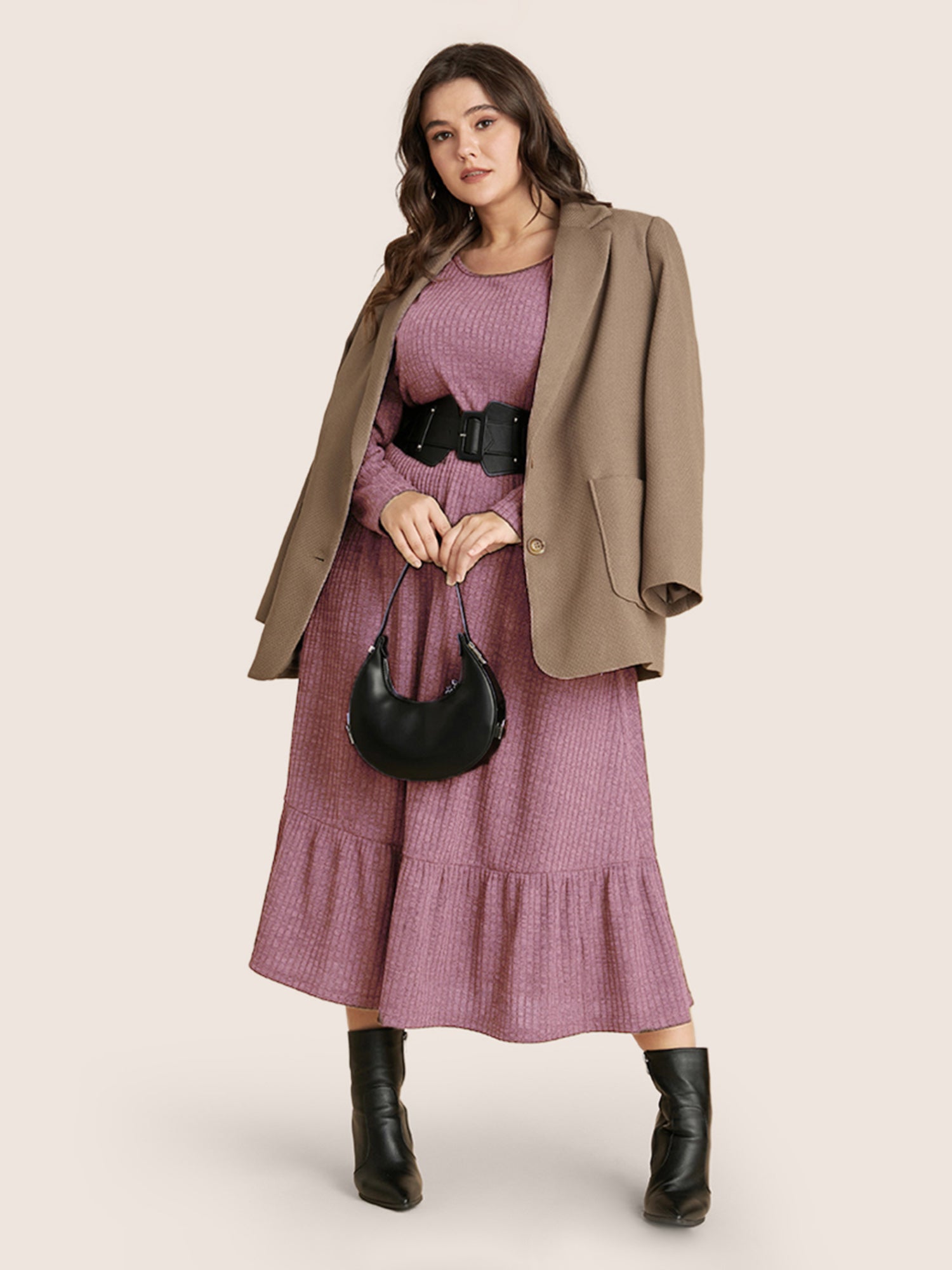 Solid Pocket Rib Knit Ruffle Hem Dress Without Belt