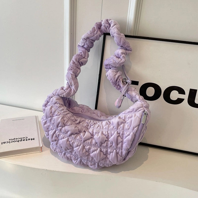 Women's Large Flannel Solid Color Streetwear Dumpling Shape Zipper Shoulder Bag