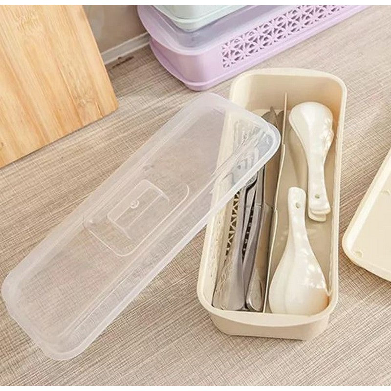 Double Layer Spoon Fork Chopsticks Storage Cover Box With Drainer - Spoon Knife Fork Box With Lid Draining Tray