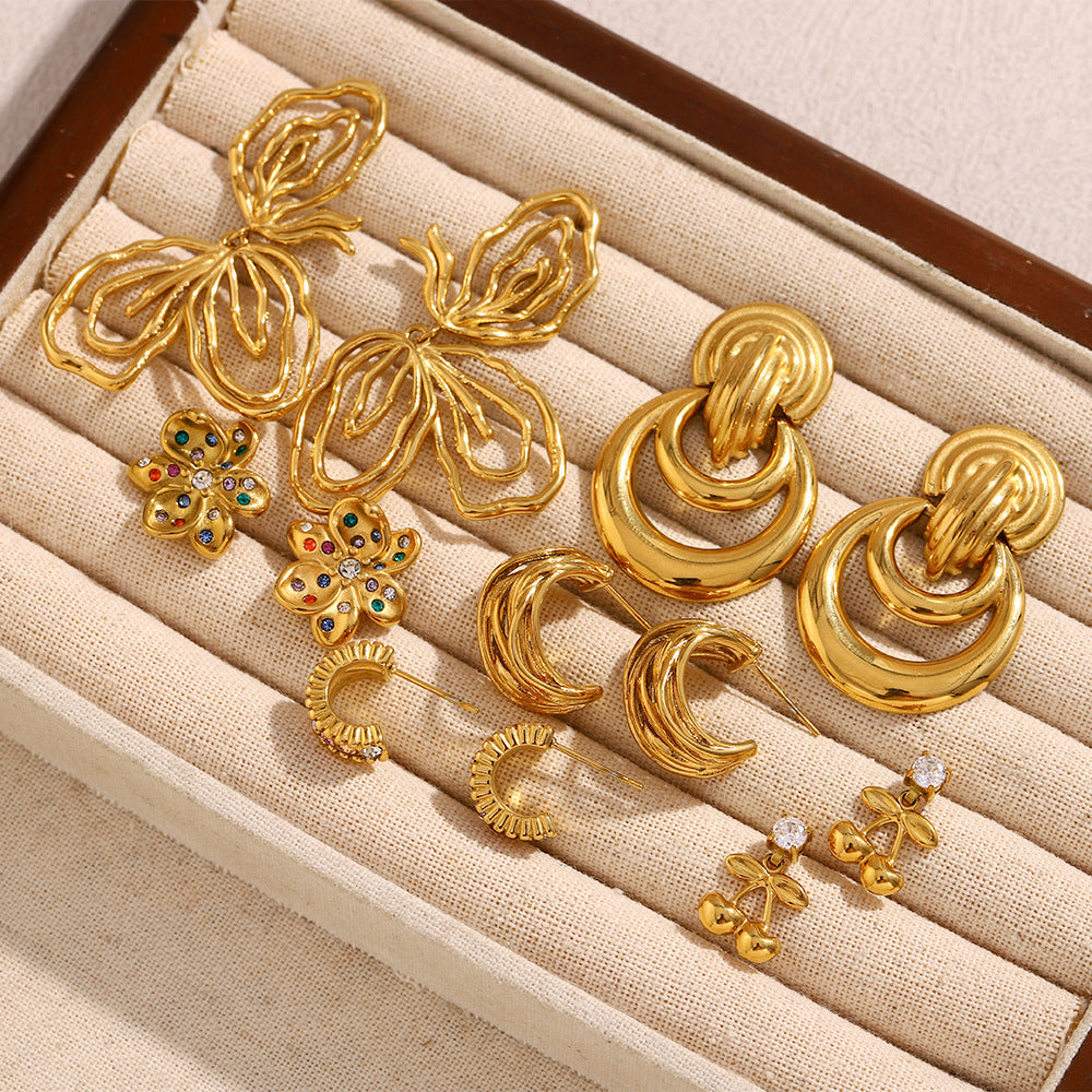 Exaggerated Stainless Steel 18K Gold Plated Flower Cherry Line Double Ring Stitching Earrings For Women
