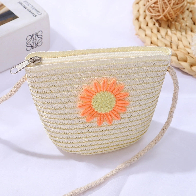 Women's Mini Straw Daisy Vintage Style Round Zipper Straw Bag