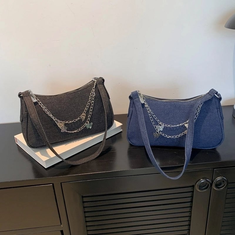Women's All Seasons Denim Butterfly Streetwear Square Flip Cover Shoulder Bag Underarm Bag