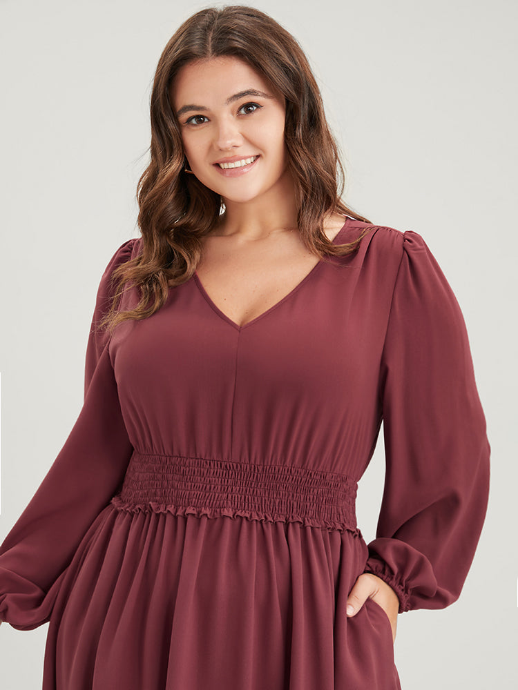 Solid Pocket Lantern Sleeve Patchwork Ruffled Shirred Dress