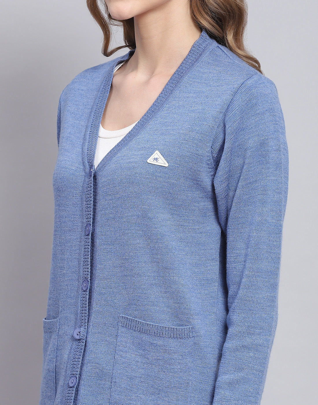 Women Blue Solid V Neck Full Sleeve Cardigan