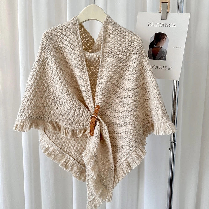 Autumn And Winter New Tassel Cape Shawl Versatile Thick Warm Neck Protection Solid Color Knotted Scarf Outer Waistcoat