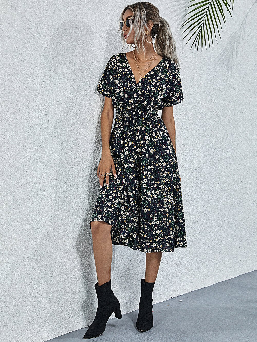 Floral Print Elastic Waist Surplice Front A-line Dress