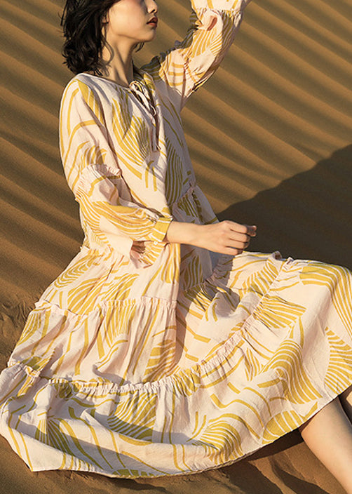 Elegant Yellow Ruffled Print Lace Up Cotton Long Dresses Half Sleeve