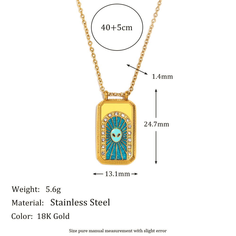 Ins Fashion Niche Geometric Square Retro Pendant Stainless Steel Plated 18K Gold Drop Oil Tarot Necklace Female