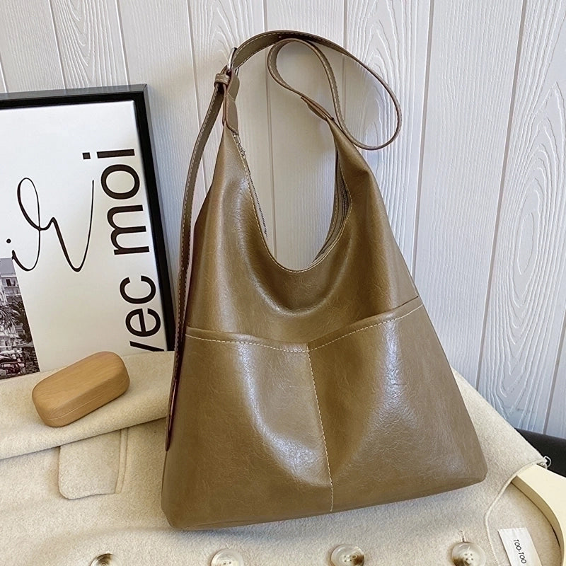 Women's Pu Leather Solid Color Classic Style Bucket Zipper Shoulder Bag