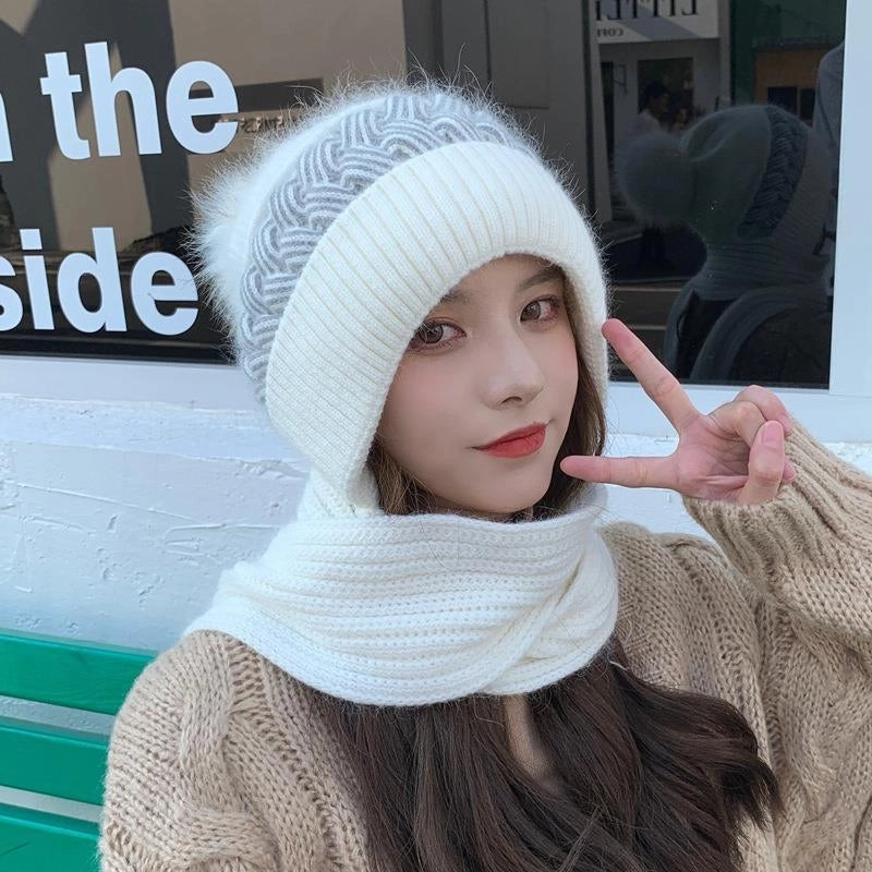 Hat Women's Autumn And Winter Korean-style Cute Knitted Hat Cold-proof Ear Protection Neck Protection Thickened Wool Hat Scarf -one Hat