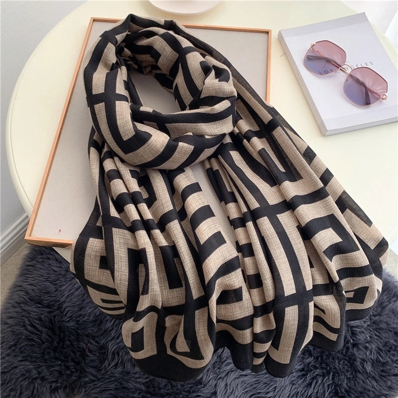 New Cotton And Linen Scarf Women's Fashion Colorblock Shawl Spring And Autumn Travel Decorative Scarf Cyber Celebrity Star Style Letters