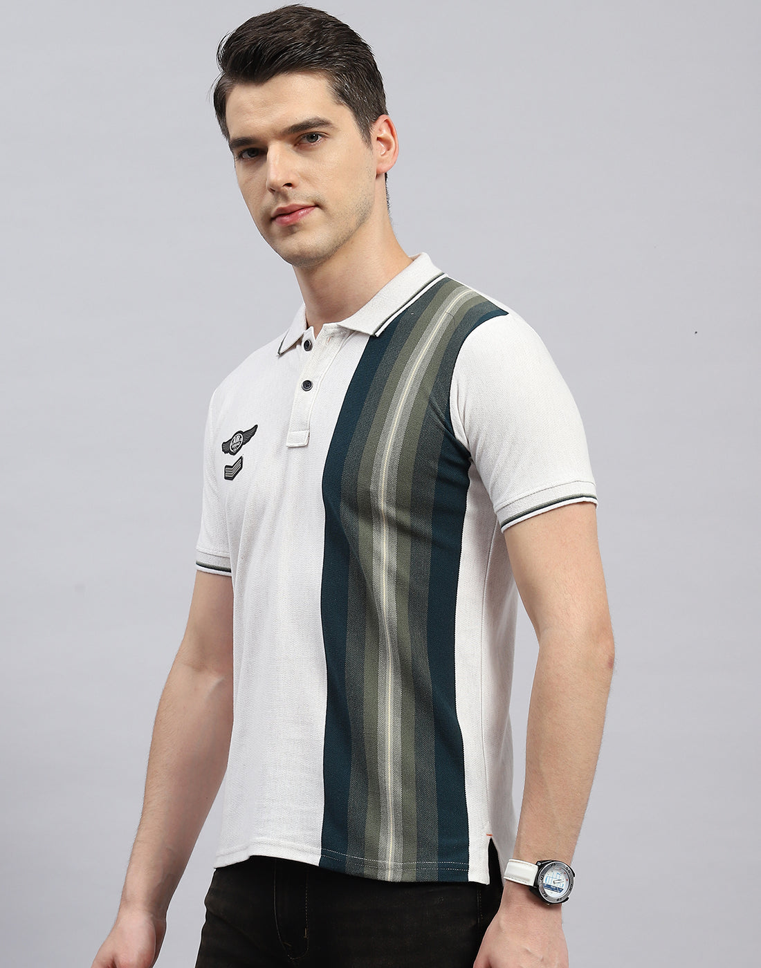 Men Off White Stripe Polo Collar Half Sleeve T-Shirt